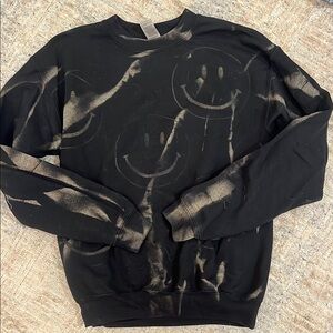 Girls Black Tie Dye Crewneck Sweater with Smiley Face Design
